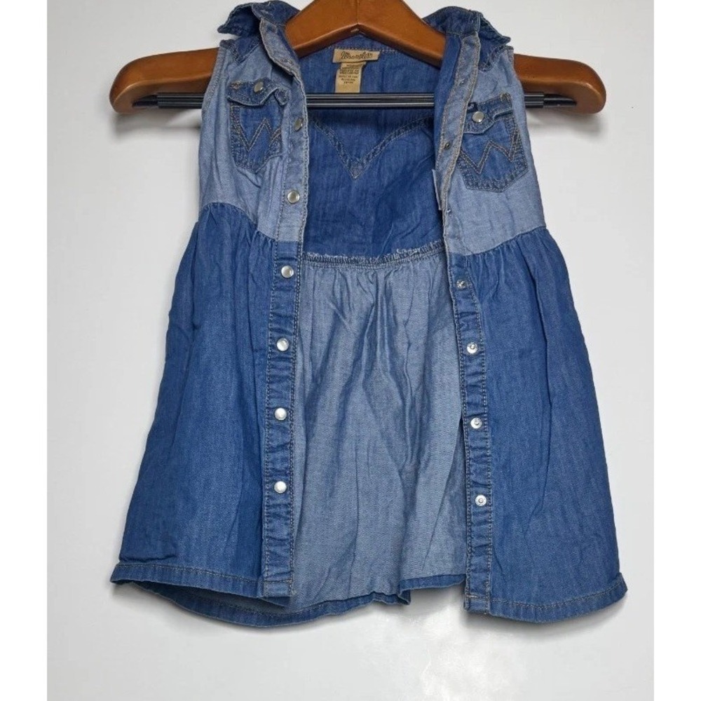 Wrangler Western Shirt Dress Girls XS‎ Blue Denim Cotton Sleeveless Snap Front